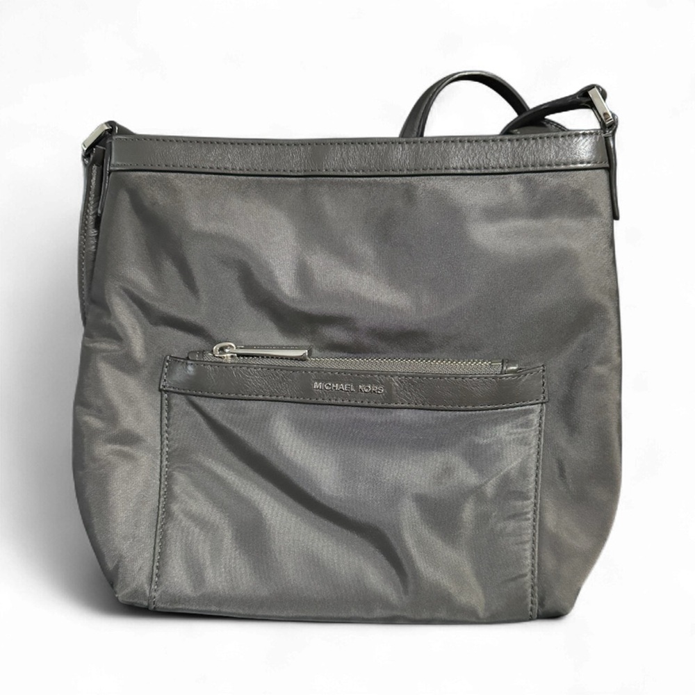 Michael Kors Nylon Leather Trim Messenger Crossbody Bag Gray Silver 30T5SOGM2C